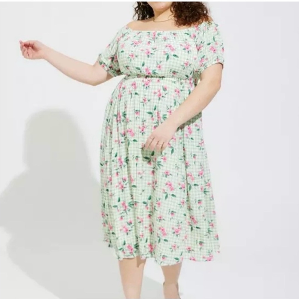 Plus Size Mint Green Floral Off-Shoulder Midi Dress